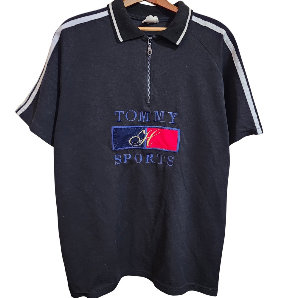 Vtg‎ Tommy Hilfiger Sports Mens Black Half Zip Polo Shirt Short Sleeve Size M
